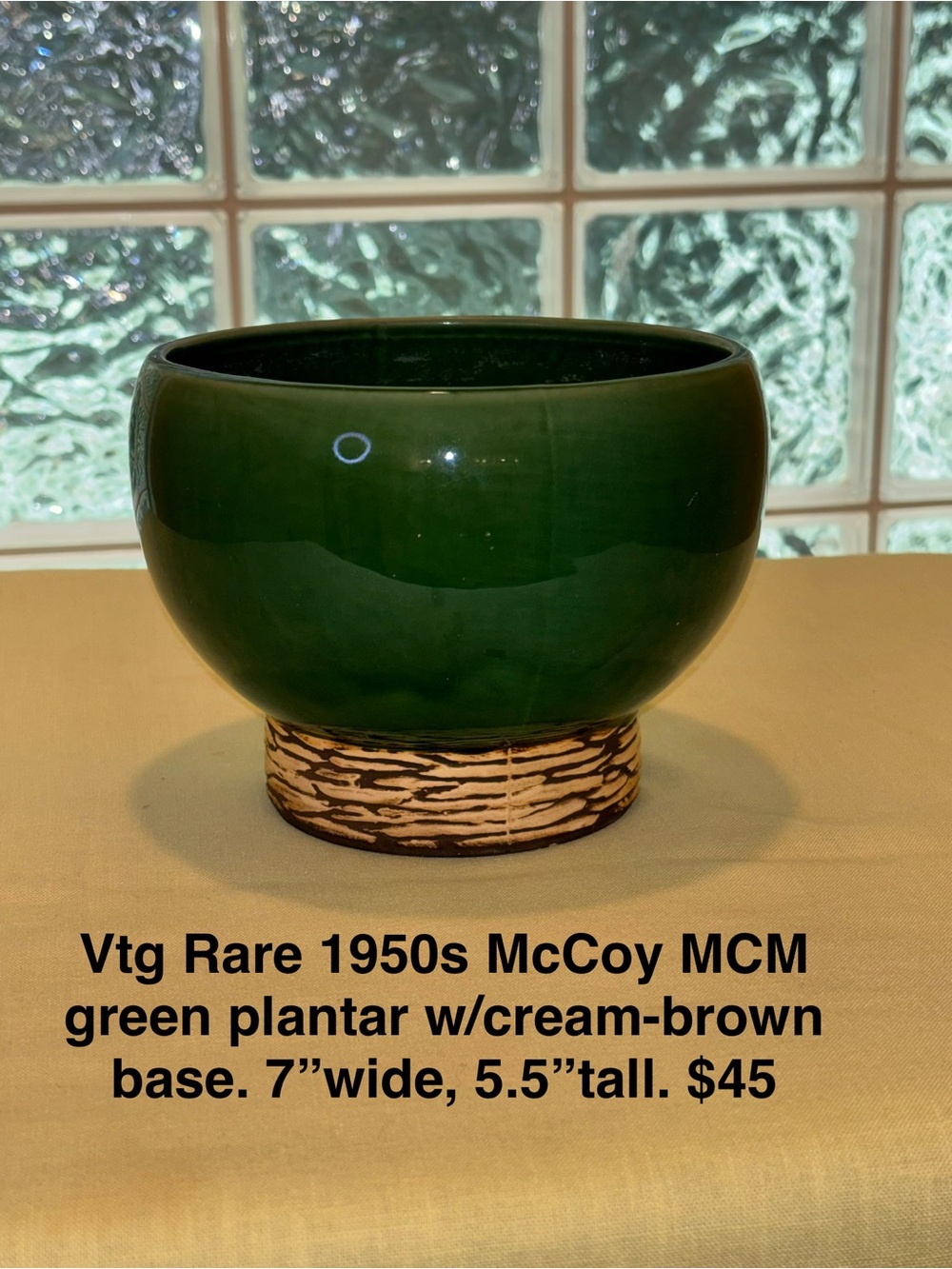 1950s Vintage Mccoy Deep Green Ceramic Planter with Cream and Brown Base